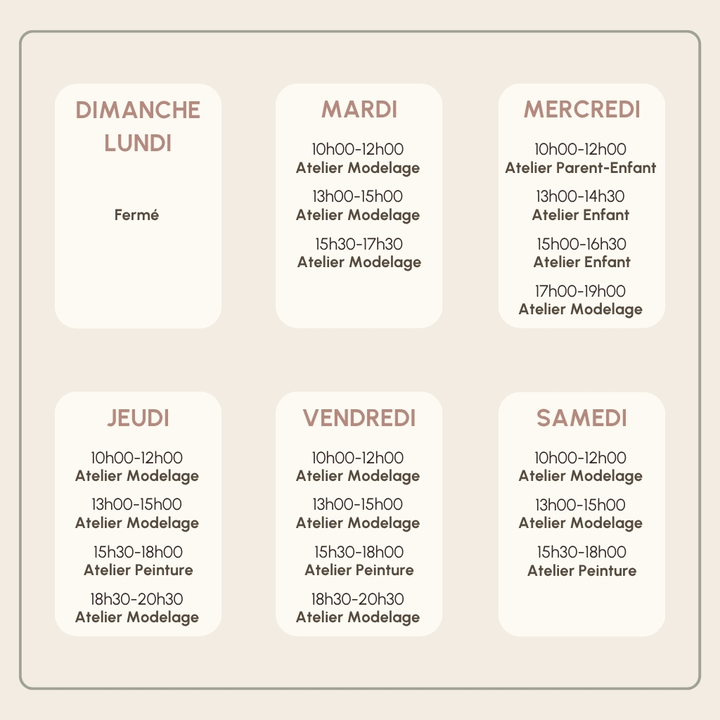 Planning ateliers poterie céramique Nice